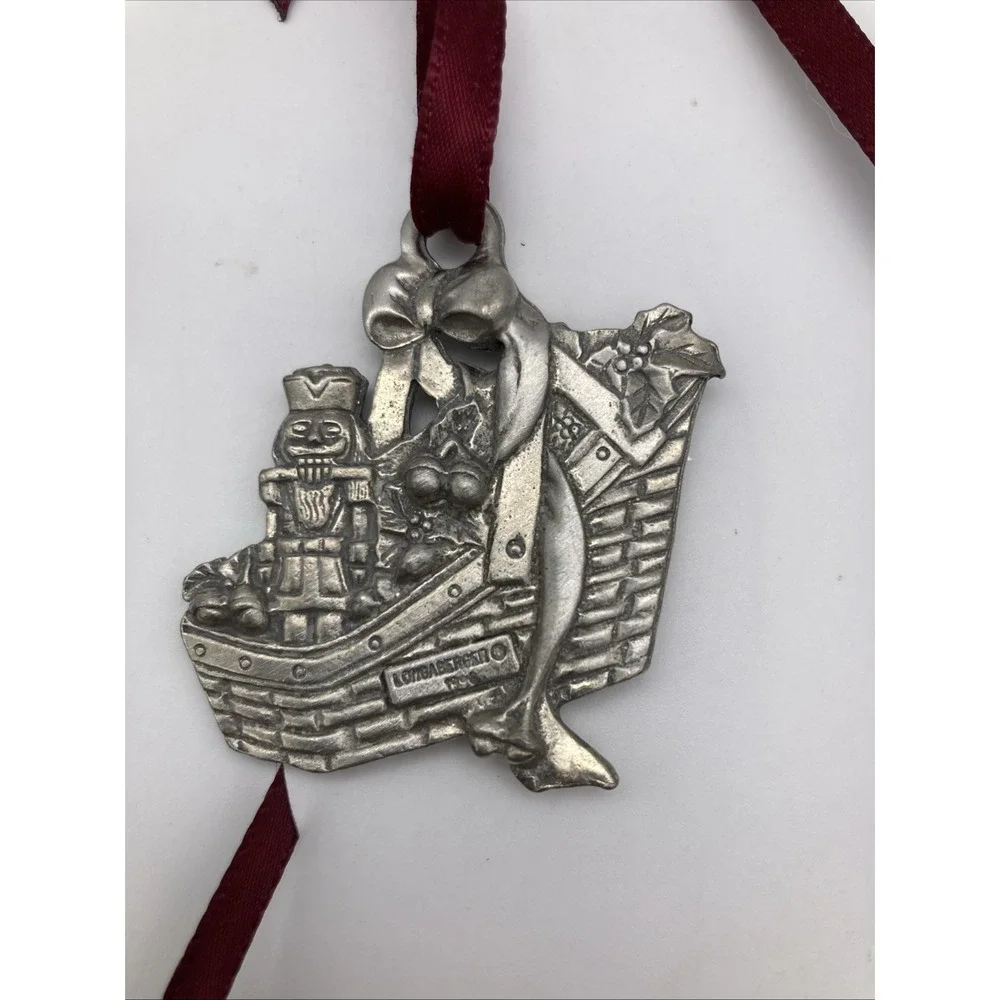 Vintage Set Of 4 Longaberger Pewter Christmas Ornaments 1989-1996 Maroon Ribbon